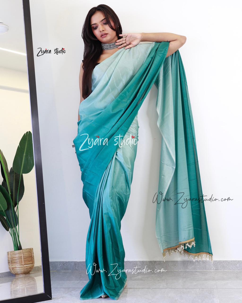 Tassels SKY : 1 Min Ready to Wear Ombre Georgette Silk Saree with Unstitched Blouse