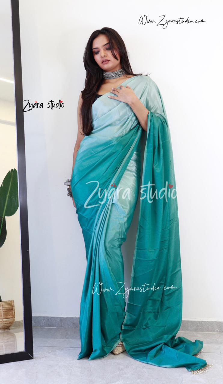 Tassels SKY : 1 Min Ready to Wear Ombre Georgette Silk Saree with Unstitched Blouse