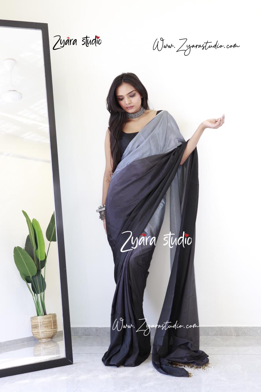 Tassels BLACK : 1 Min Ready to wear Ombre Georgette Silk Saree with Unstitched Blouse