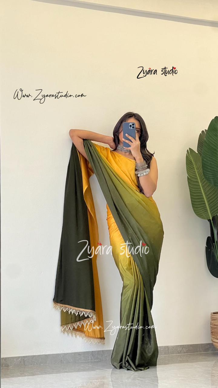 Tassels mustard : 1 Min Ready to wear Ombre Georgette Silk Saree with Unstitched Blouse