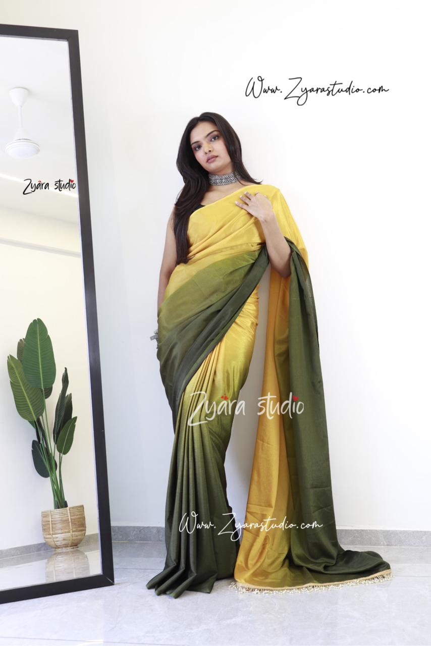 Tassels mustard : 1 Min Ready to wear Ombre Georgette Silk Saree with Unstitched Blouse