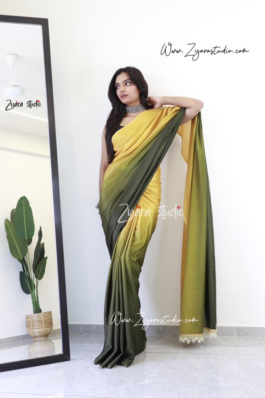 Tassels mustard : 1 Min Ready to wear Ombre Georgette Silk Saree with Unstitched Blouse