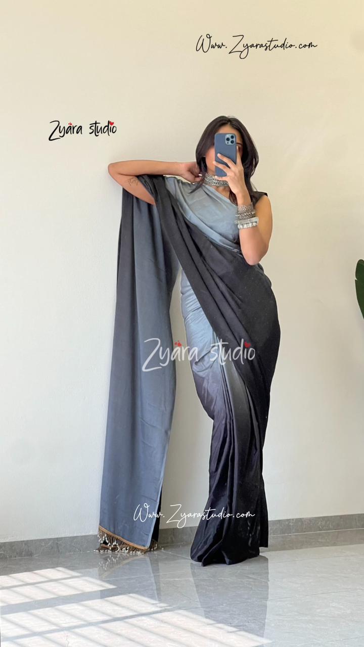 Tassels BLACK : 1 Min Ready to wear Ombre Georgette Silk Saree with Unstitched Blouse