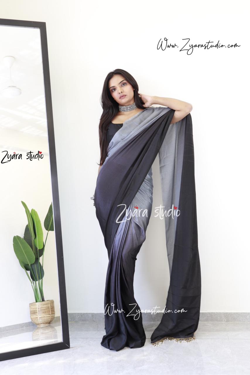 Tassels BLACK : 1 Min Ready to wear Ombre Georgette Silk Saree with Unstitched Blouse