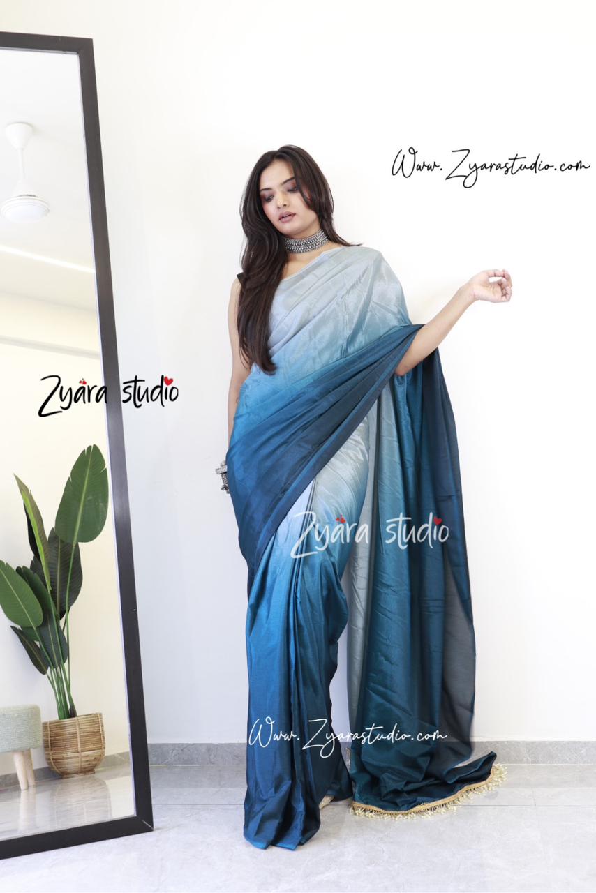 Tassels deepsea : 1 Min Ready to wear Ombre Georgette Silk Saree with Unstitched Blouse