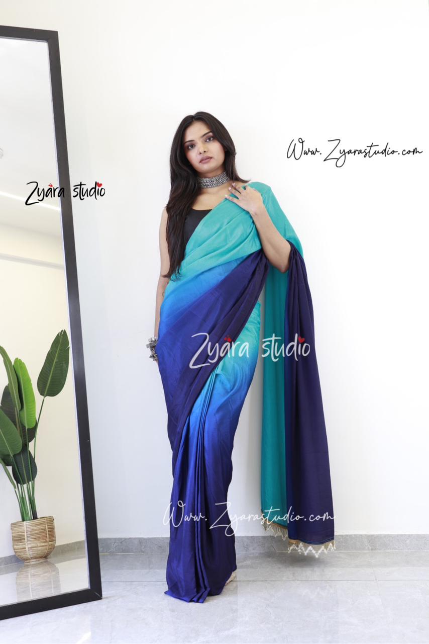 Tassels n blue : 1 Min Ready to wear Ombre Georgette Silk Saree with Unstitched Blouse