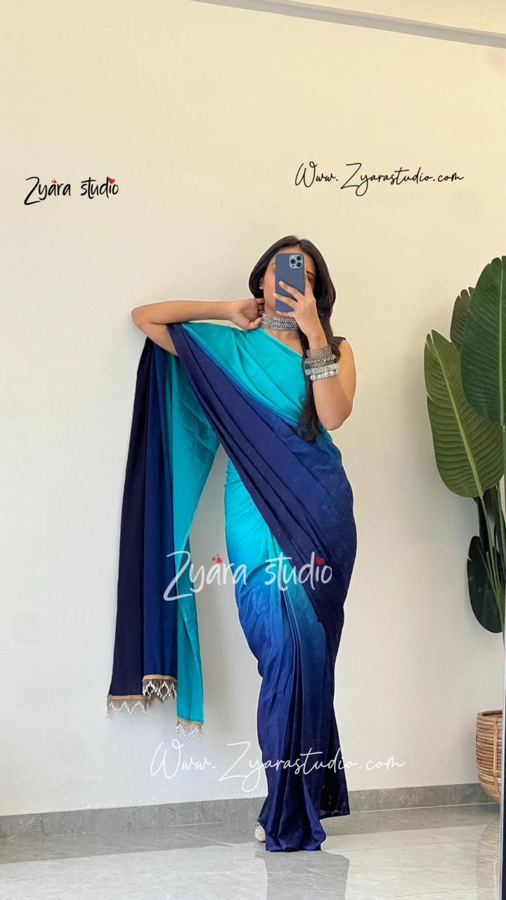 Tassels n blue : 1 Min Ready to wear Ombre Georgette Silk Saree with Unstitched Blouse