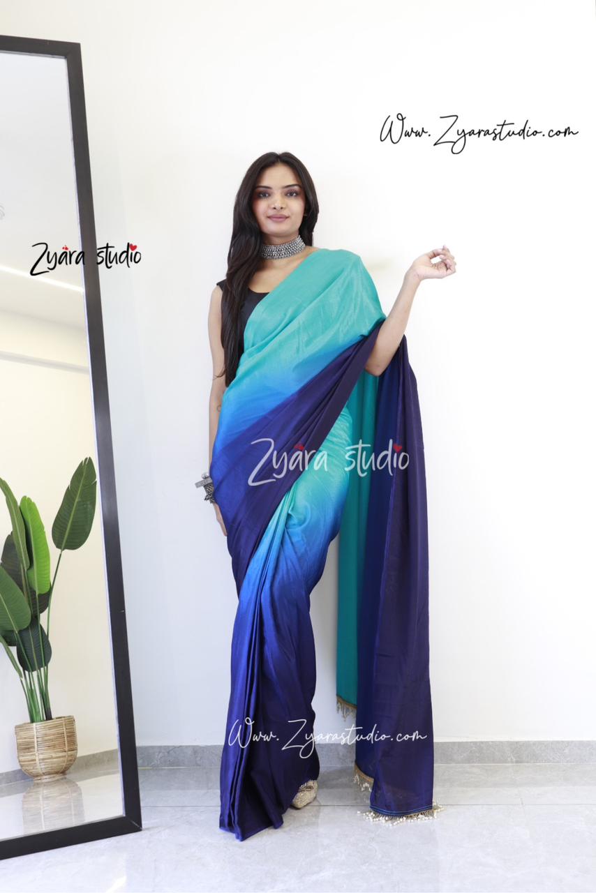 Tassels n blue : 1 Min Ready to wear Ombre Georgette Silk Saree with Unstitched Blouse