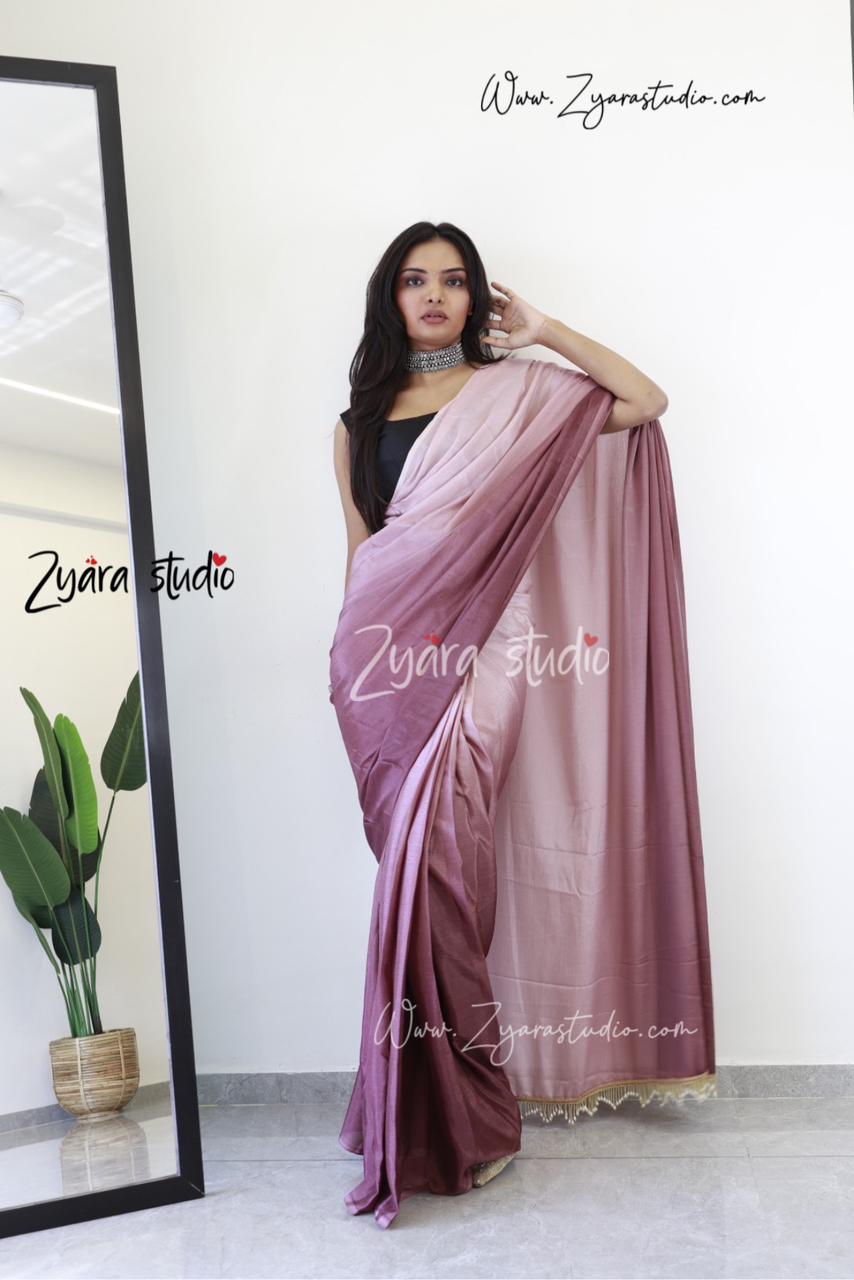 Tassels brown : 1 Min Ready to wear Ombre Georgette Silk Saree with Unstitched Blouse