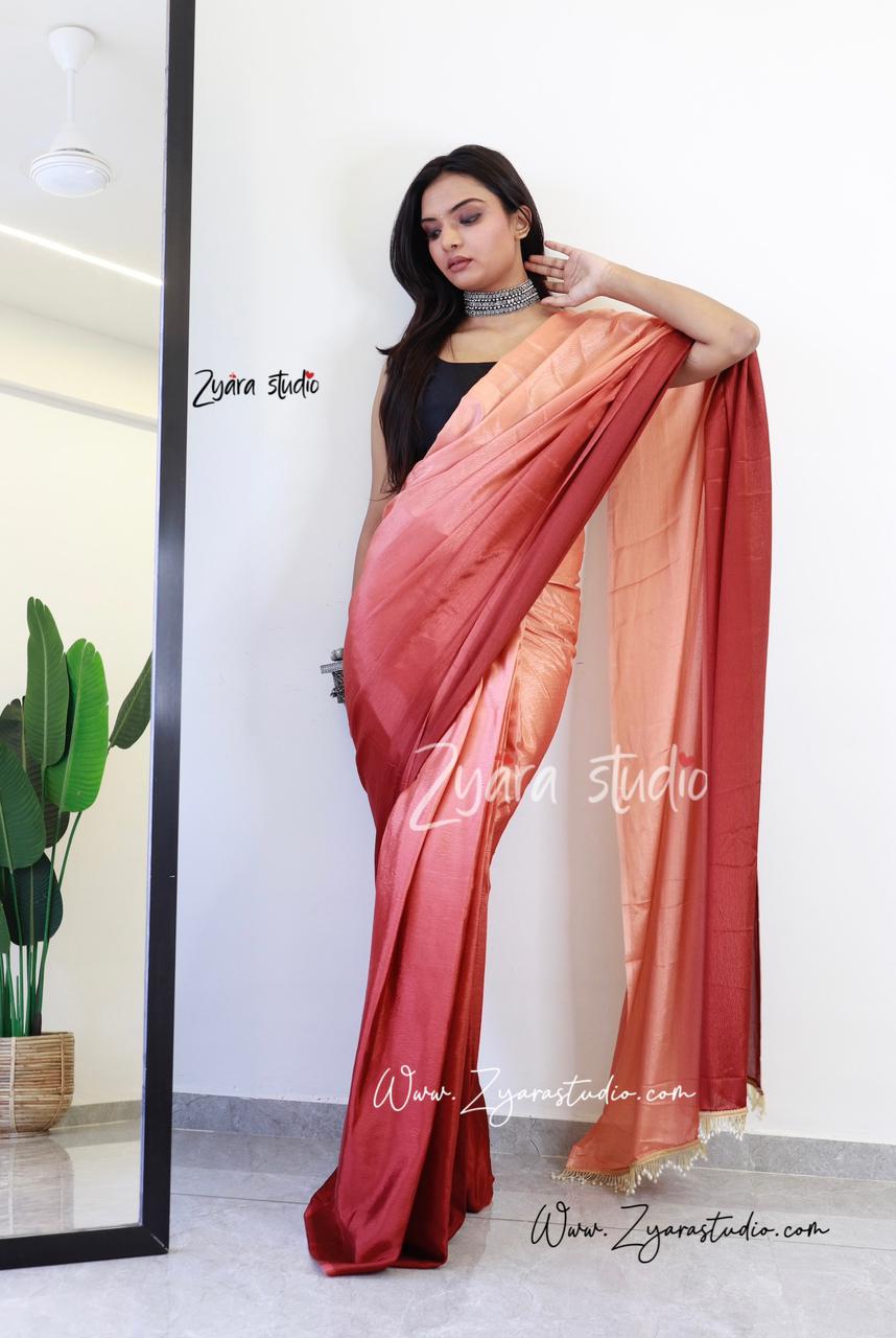 Tassels orange : 1 Min Ready to wear Ombre Georgette Silk Saree with Unstitched Blouse