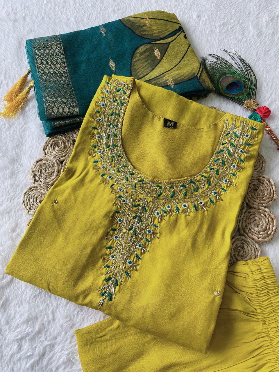 lemon yellow Hand Embroidered pearl and cutdana work On The Neck kurti set zs338