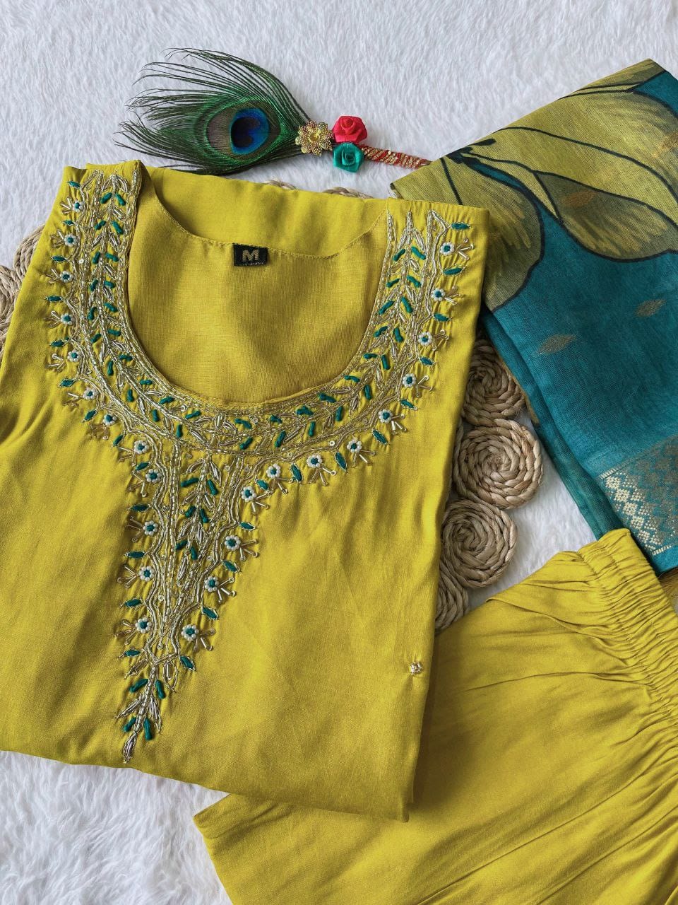 lemon yellow Hand Embroidered pearl and cutdana work On The Neck kurti set zs338