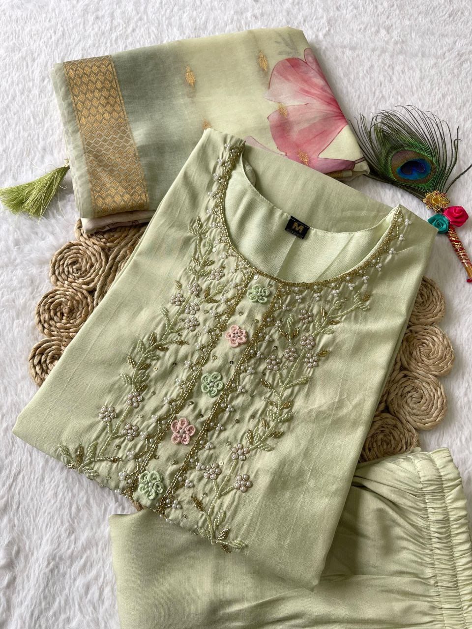 Light pista Hand Embroidered pearl and cutdana work On The Neck kurti set zs340