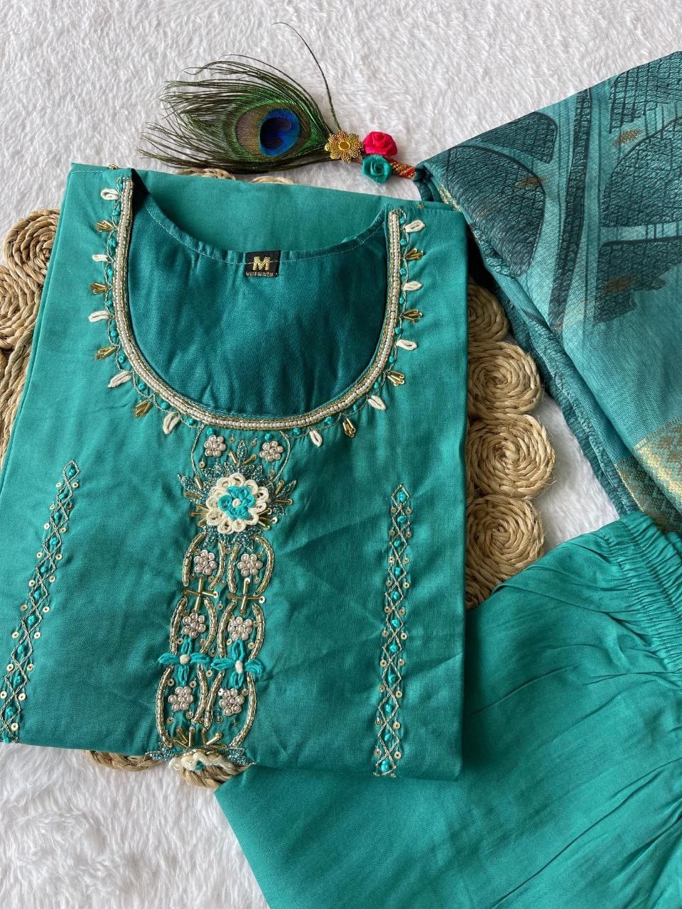 Light Rama Hand Embroidered pearl and cutdana work On The Neck kurti set zs342