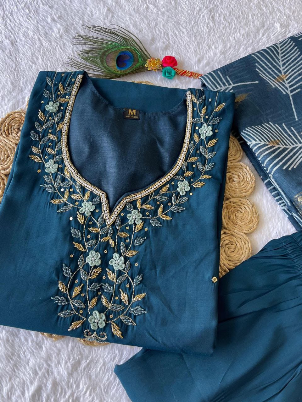 Dark Peacock Hand Embroidered pearl and cutdana work On The Neck kurti set zs337