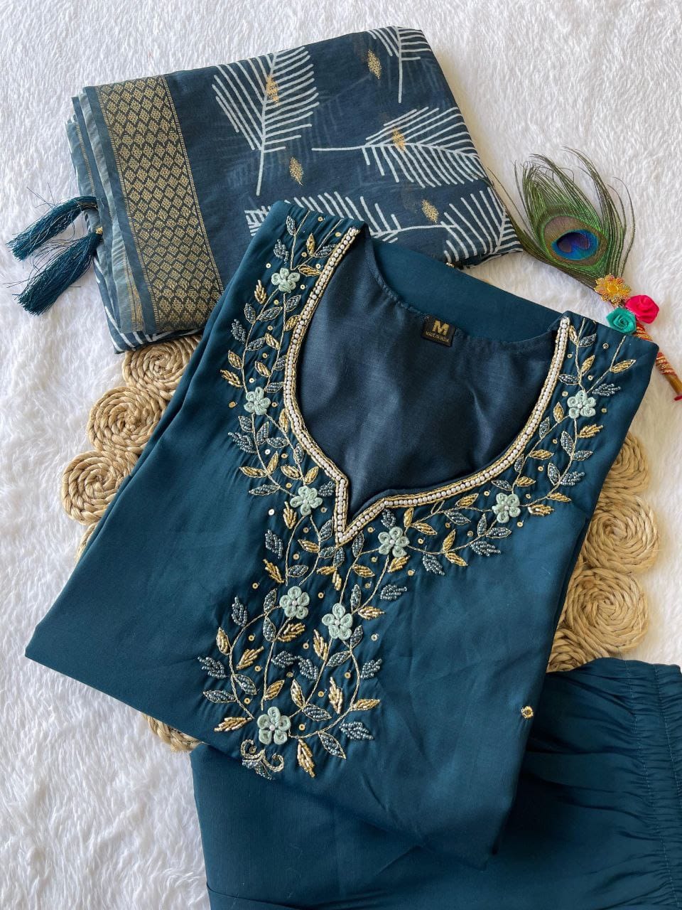 Dark Peacock Hand Embroidered pearl and cutdana work On The Neck kurti set zs337