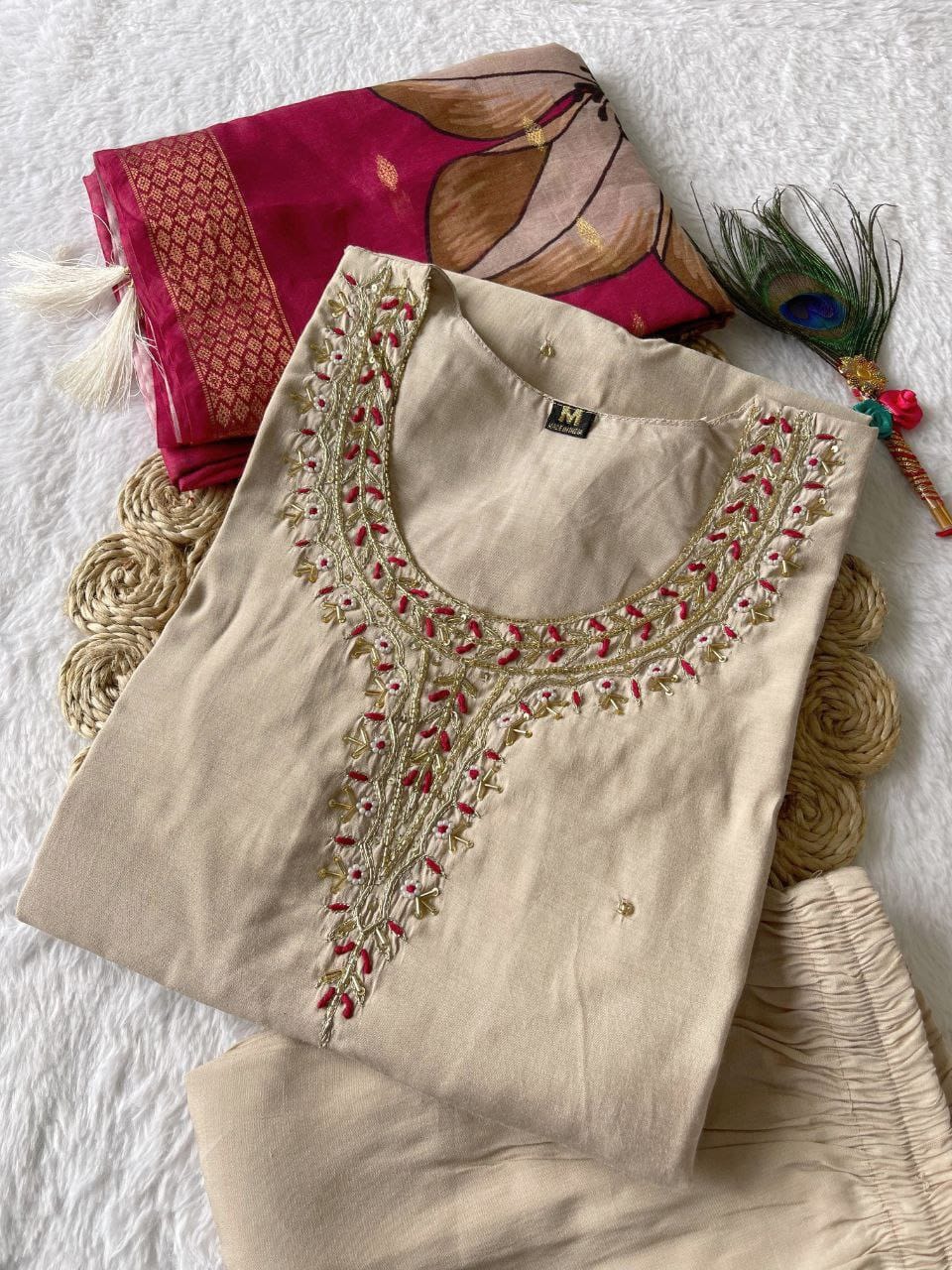 Creem hand embroidered pearl and cutdana On work The Neck kurti set zs338