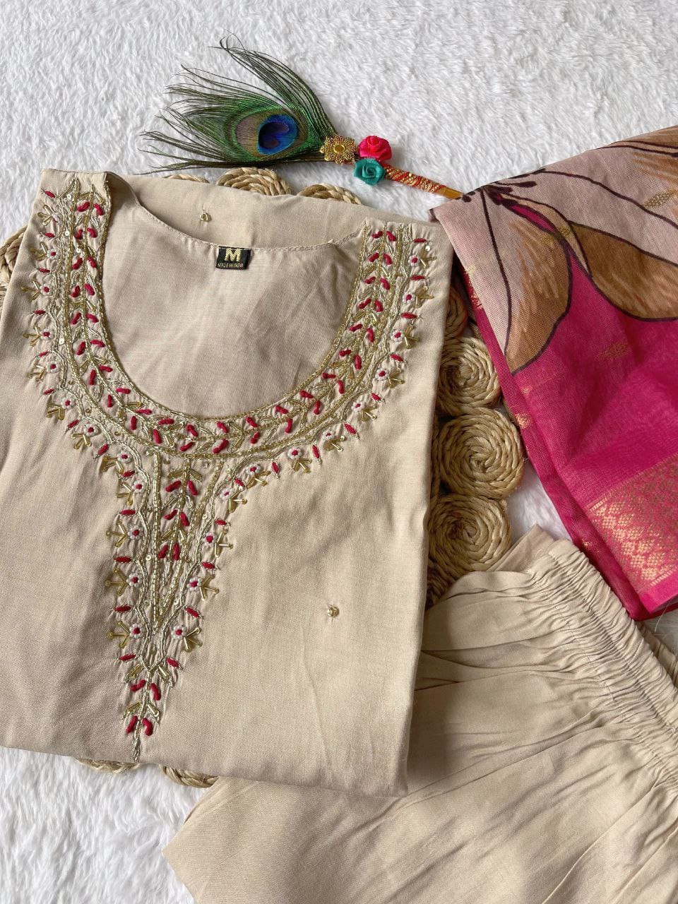 Creem hand embroidered pearl and cutdana On work The Neck kurti set zs338