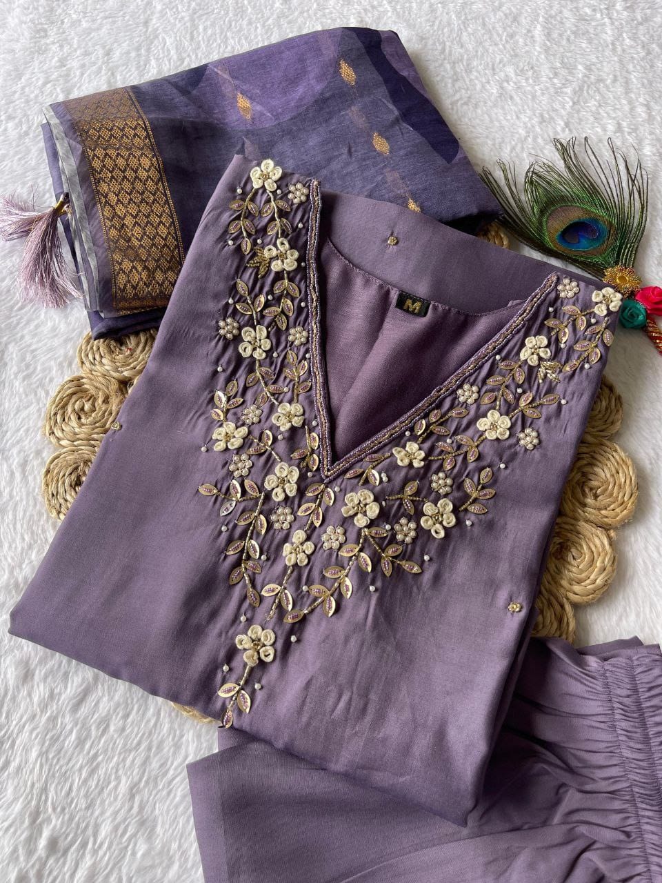 Lavender Hand Embroidered pearl and cutdana work On The Neck kurti set zs335