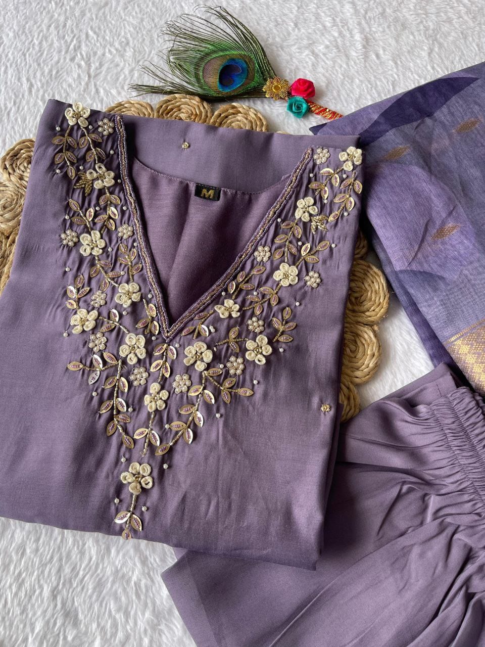 Lavender Hand Embroidered pearl and cutdana work On The Neck kurti set zs335