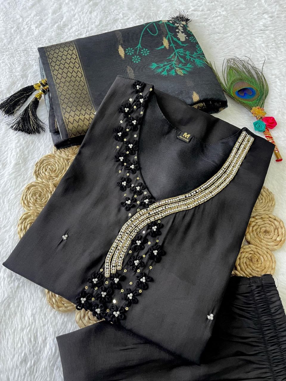 black Hand Embroidered pearl and cutdana work On The Neck kurti set zs334