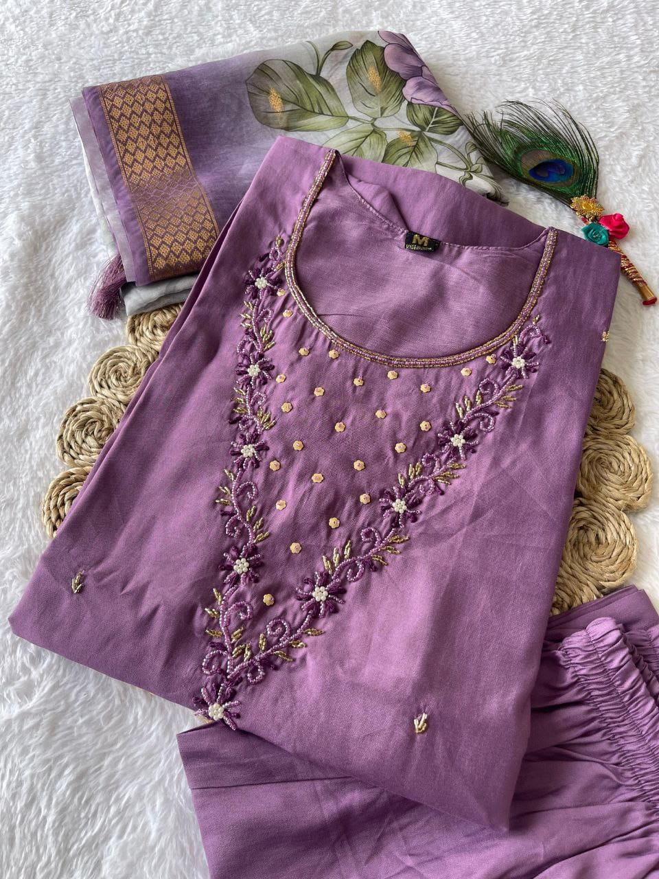 magenta Hand Embroidered pearl and cutdana work On The Neck kurti set zs333