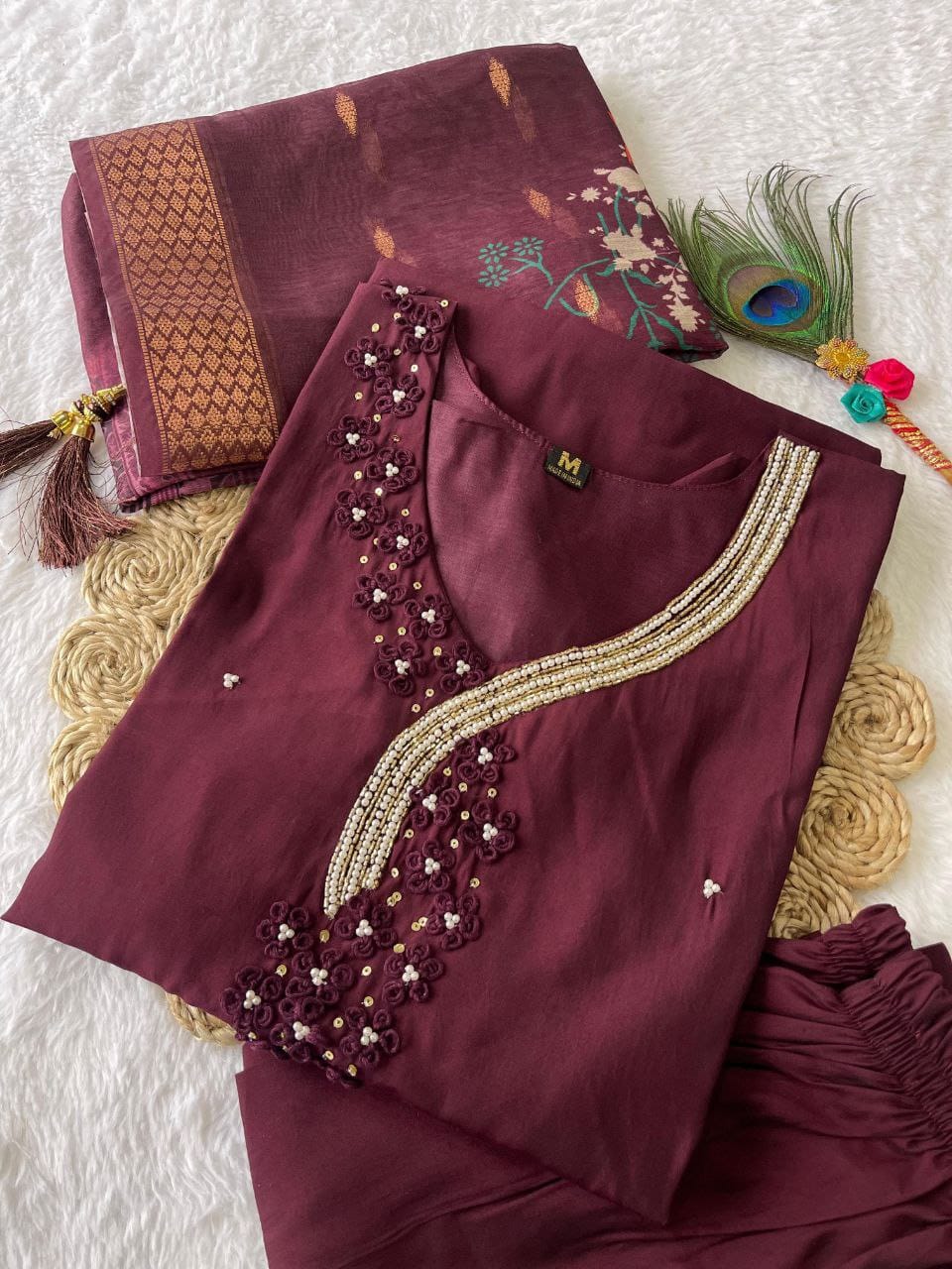 dark maroon Hand Embroidered pearl and cutdana work On The Neck kurti set zs334