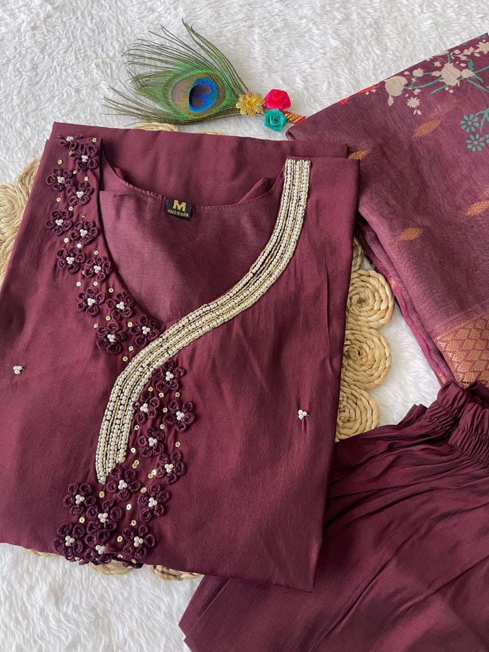 dark maroon Hand Embroidered pearl and cutdana work On The Neck kurti set zs334