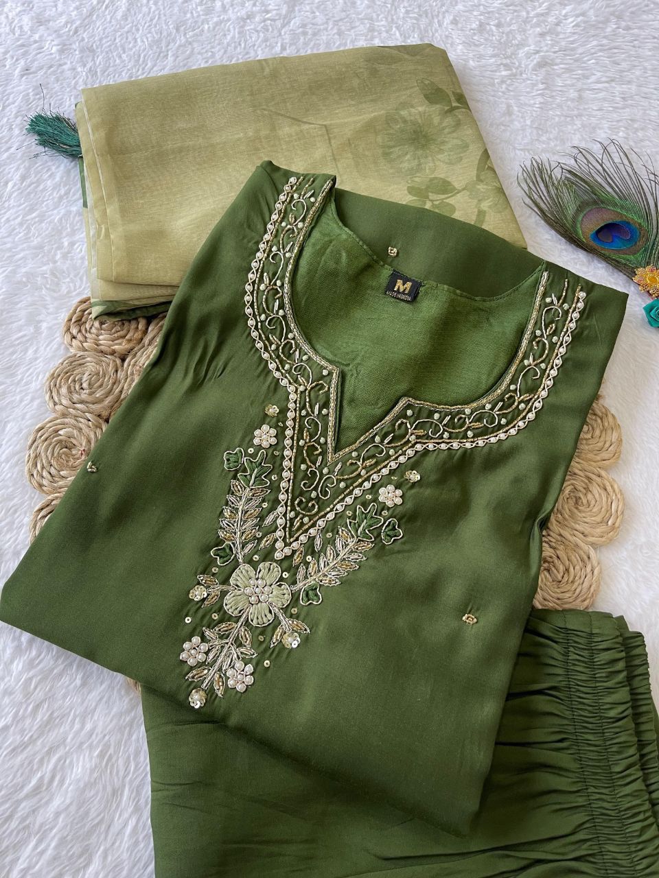 dark mehandi Hand Embroidered pearl and cutdana work On The Neck kurti set zs344