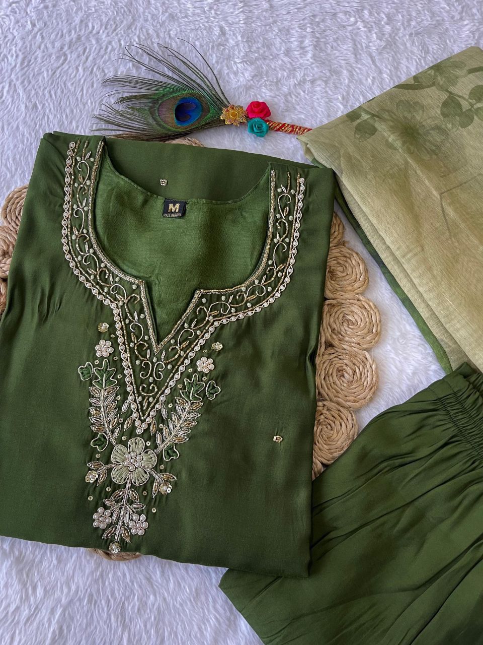 dark mehandi Hand Embroidered pearl and cutdana work On The Neck kurti set zs344