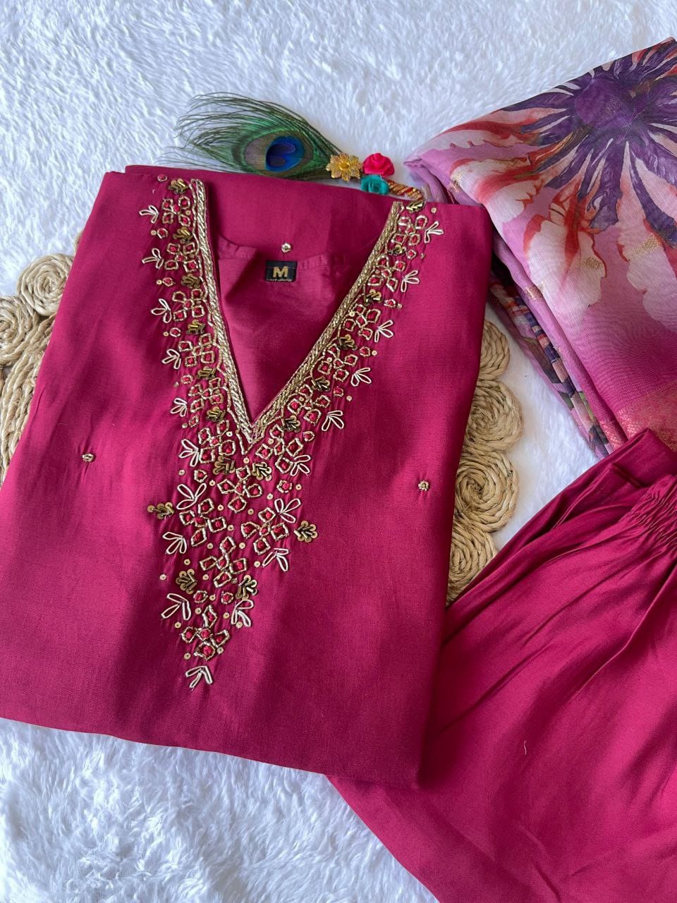 cherry Embroidered pearl and cutdana work On The Neck kurti set zs313