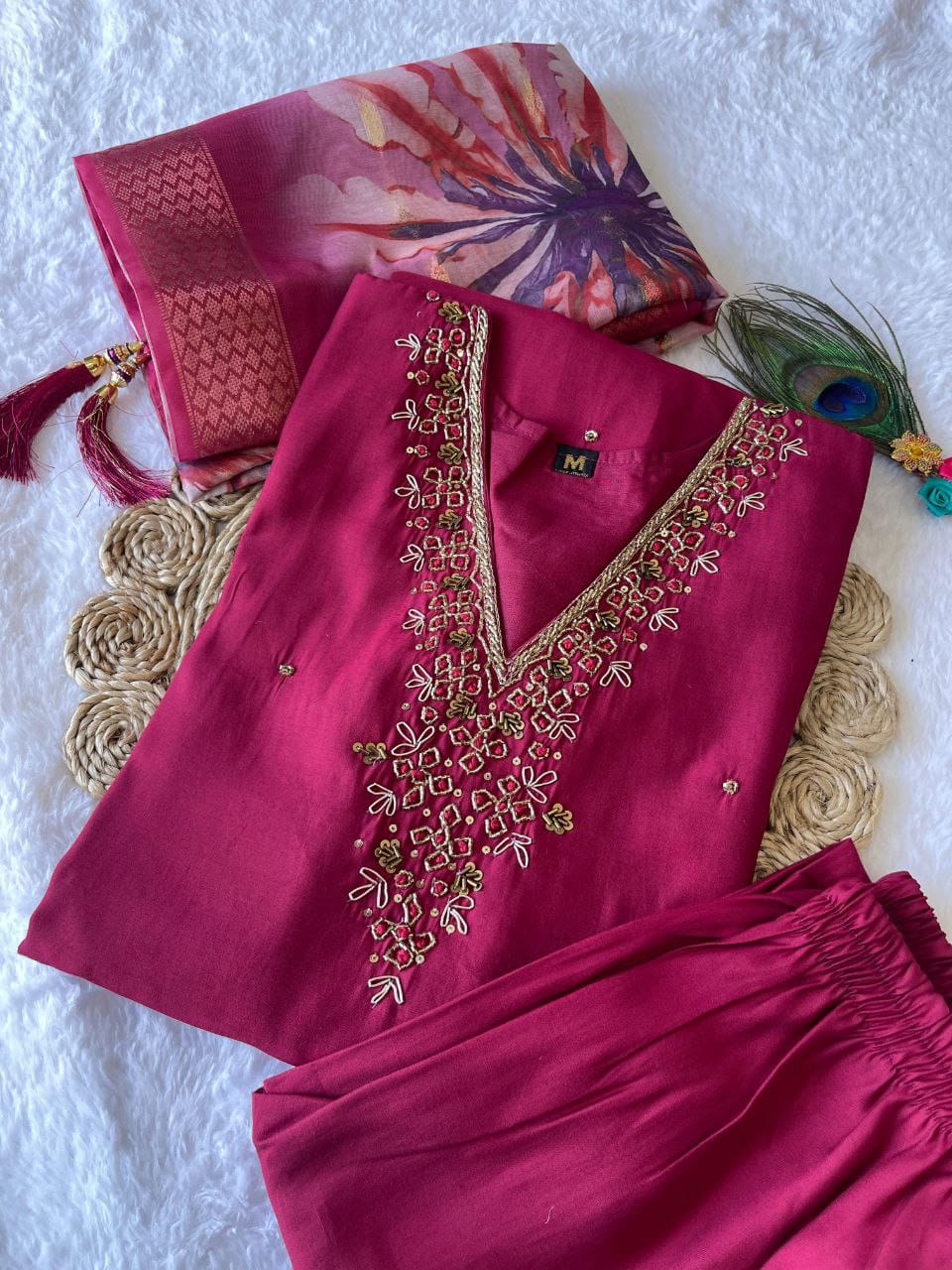 cherry Embroidered pearl and cutdana work On The Neck kurti set zs313