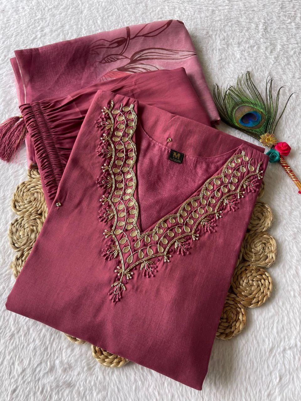 Dull Magenta Hand Embroidered pearl and cutdana work On The Neck kurti set zs347