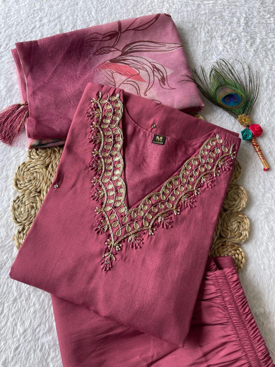 Dull Magenta Hand Embroidered pearl and cutdana work On The Neck kurti set zs347