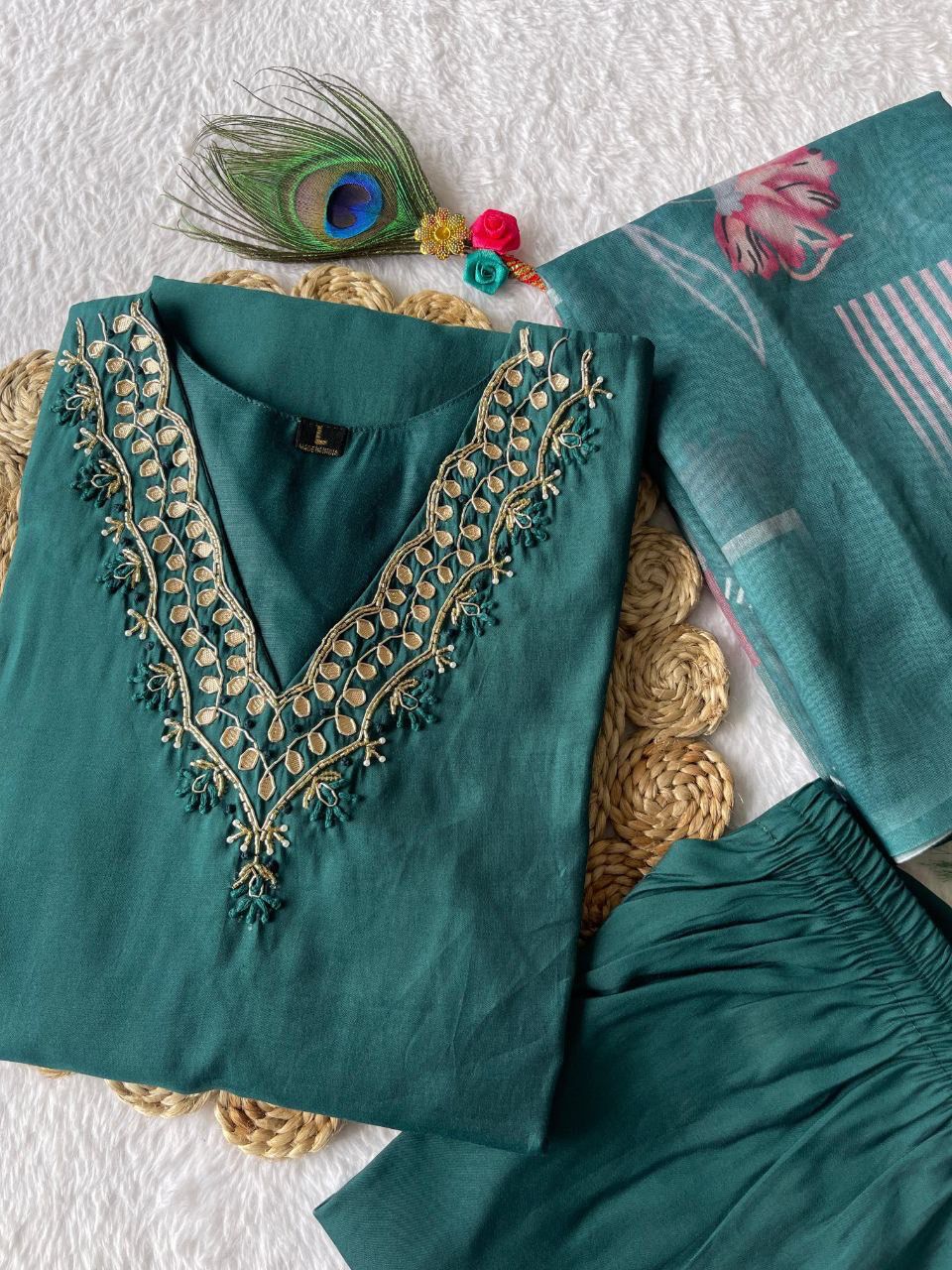 Dark Rama Embroidered pearl and cutdana work On The Neck kurti set zs347