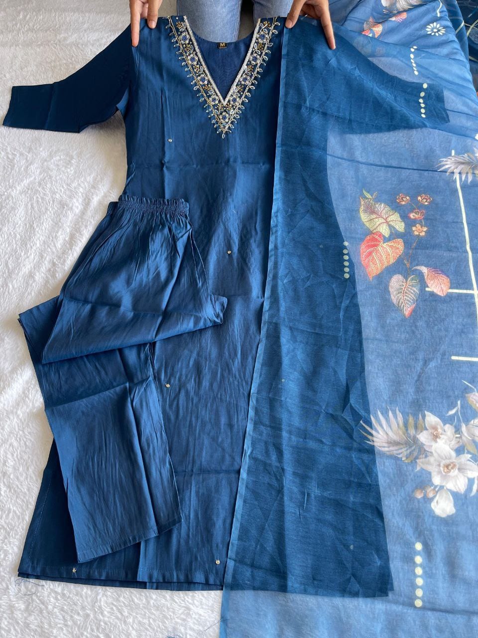 Indigo Blue Hand Embroidered pearl and cutdana work On The Neck kurti set zs354