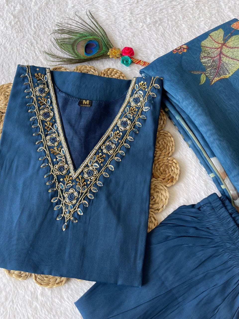 Indigo Blue Hand Embroidered pearl and cutdana work On The Neck kurti set zs354