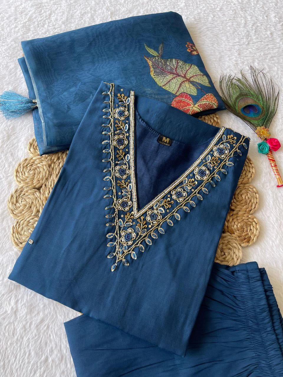 Indigo Blue Hand Embroidered pearl and cutdana work On The Neck kurti set zs354