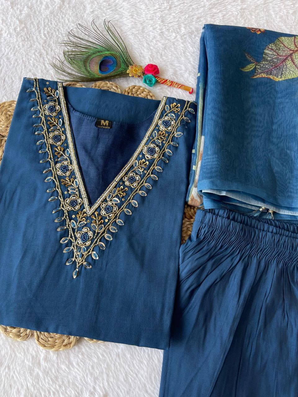 Indigo Blue Hand Embroidered pearl and cutdana work On The Neck kurti set zs354