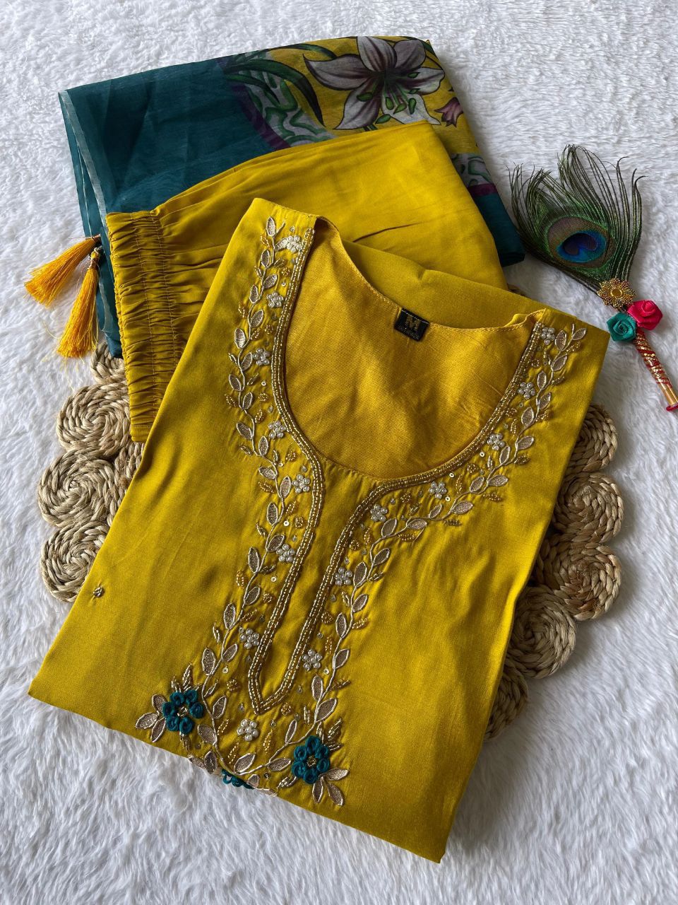 Lemon Yellow Hand Embroidered pearl and cutdana work On The Neck kurti set zs355