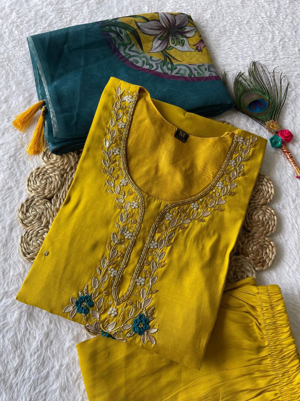 Lemon Yellow Hand Embroidered pearl and cutdana work On The Neck kurti set zs355