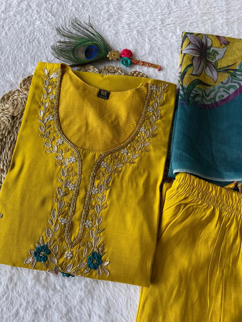 Lemon Yellow Hand Embroidered pearl and cutdana work On The Neck kurti set zs355