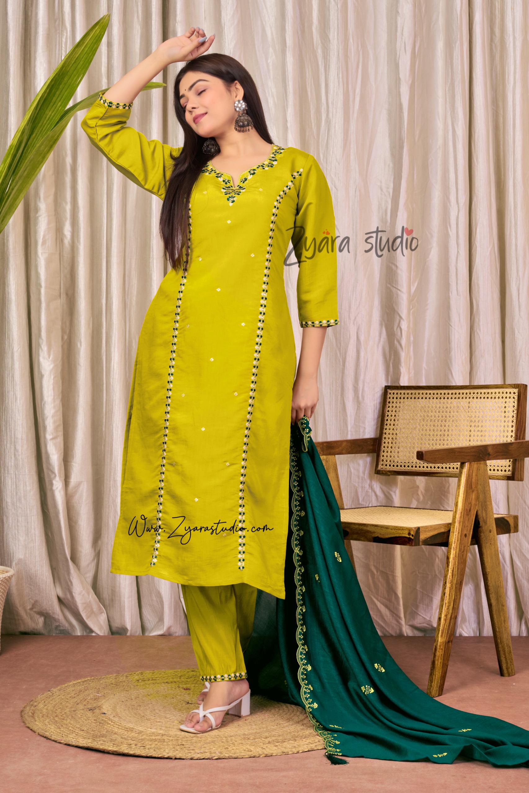 Parrot Embroidered pearl and cutdana work On The Neck kurti set zs359