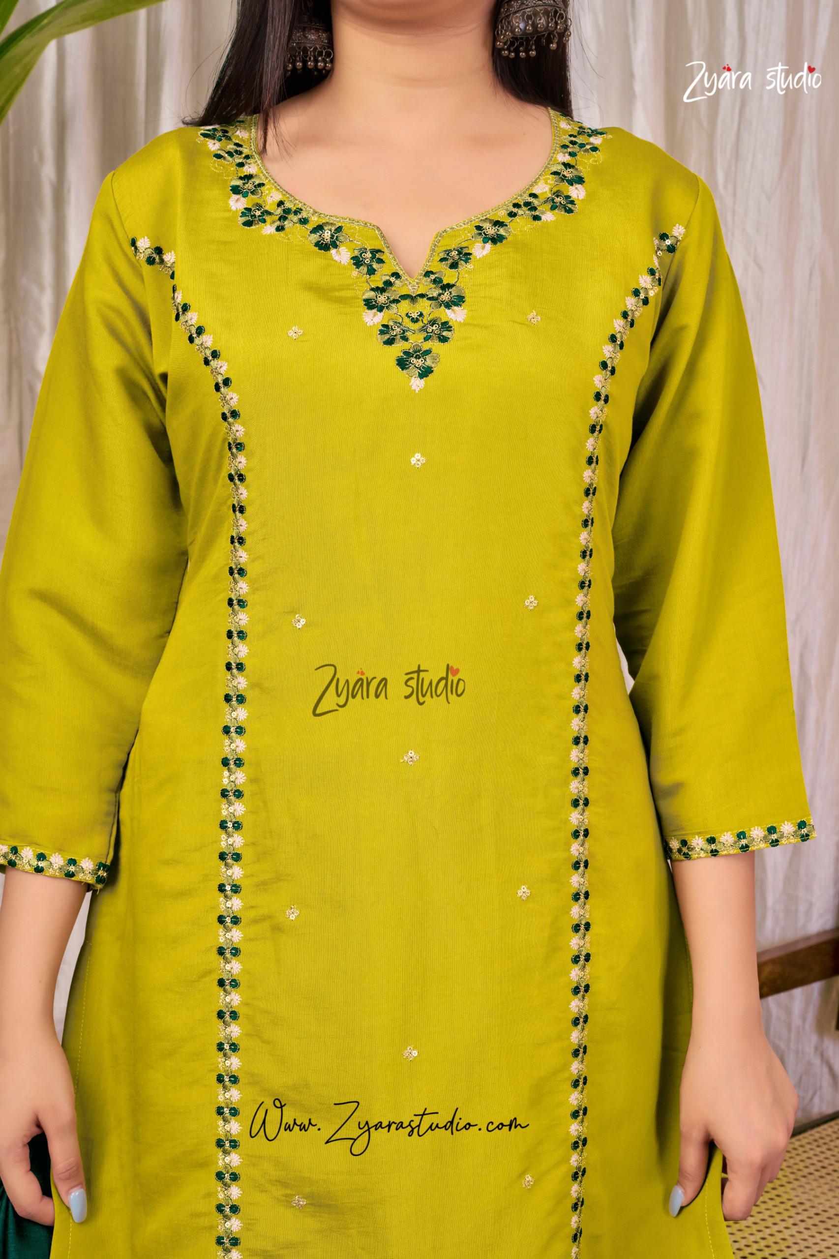 Parrot Embroidered pearl and cutdana work On The Neck kurti set zs359