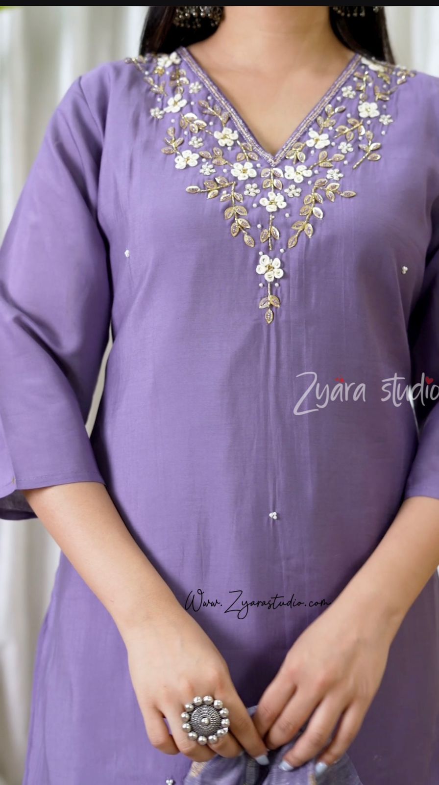 Lavender Hand Embroidered pearl and cutdana work On The Neck kurti set zs335