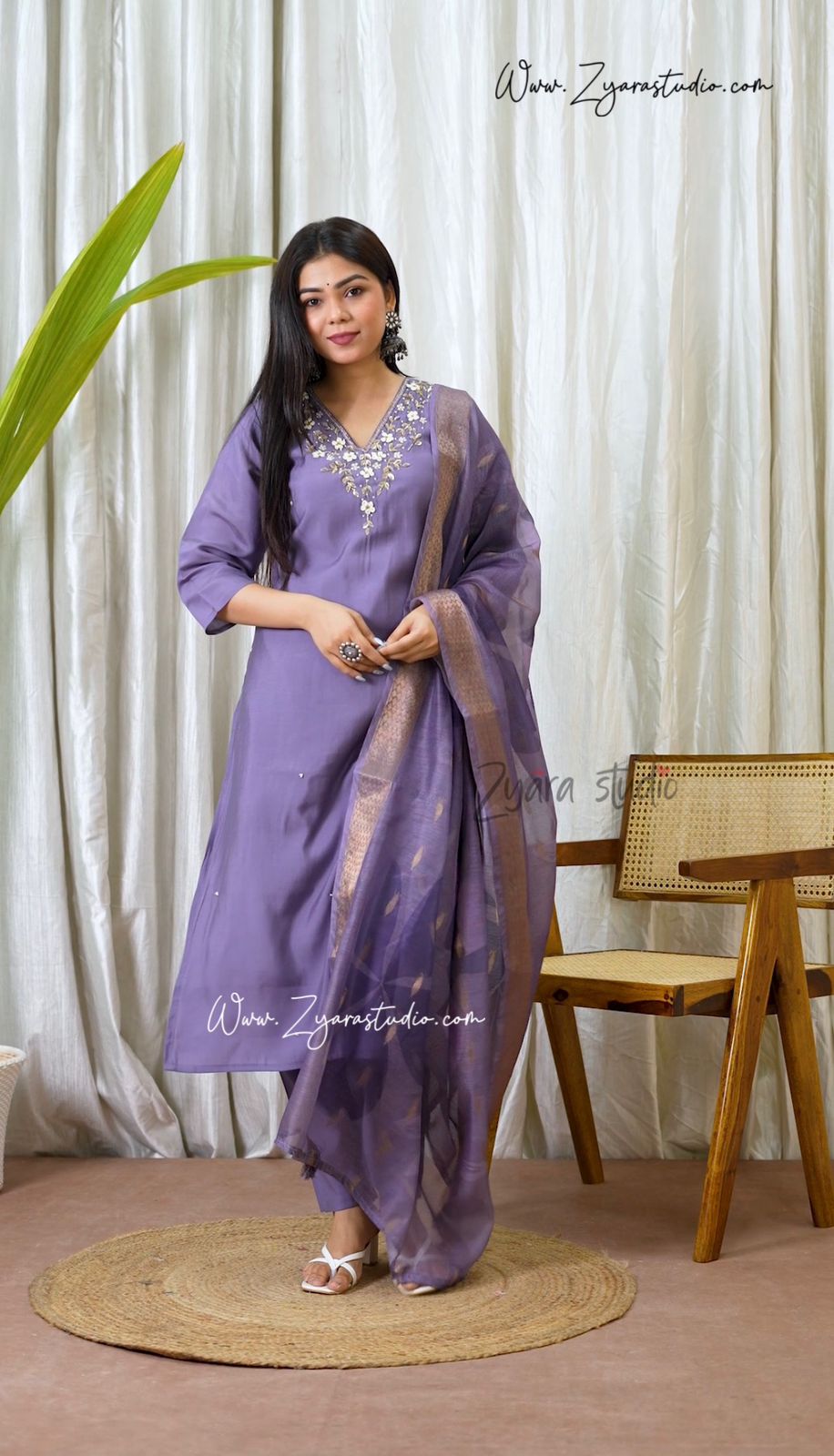 Lavender Hand Embroidered pearl and cutdana work On The Neck kurti set zs335