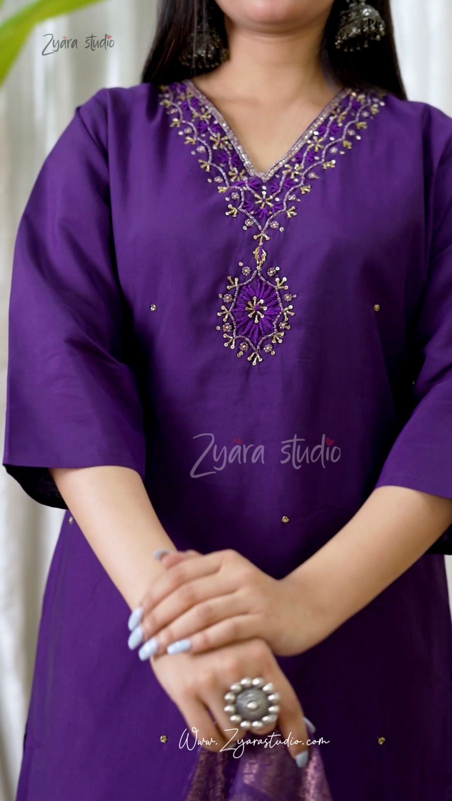 wine Hand Embroidered pearl and cutdana work On The Neck kurti set zs328