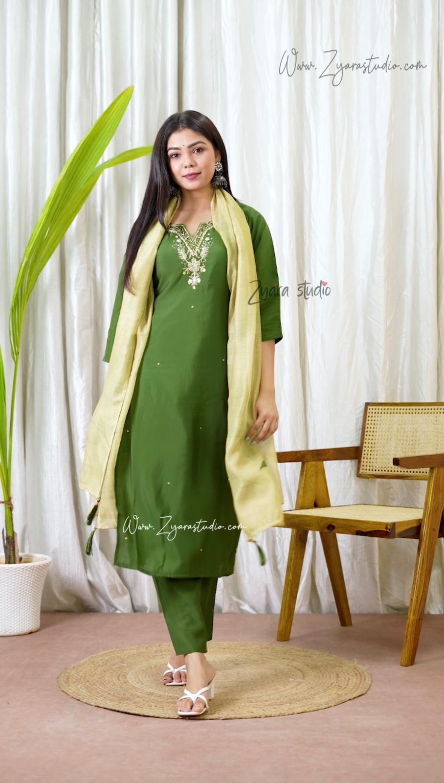 dark mehandi Hand Embroidered pearl and cutdana work On The Neck kurti set zs344