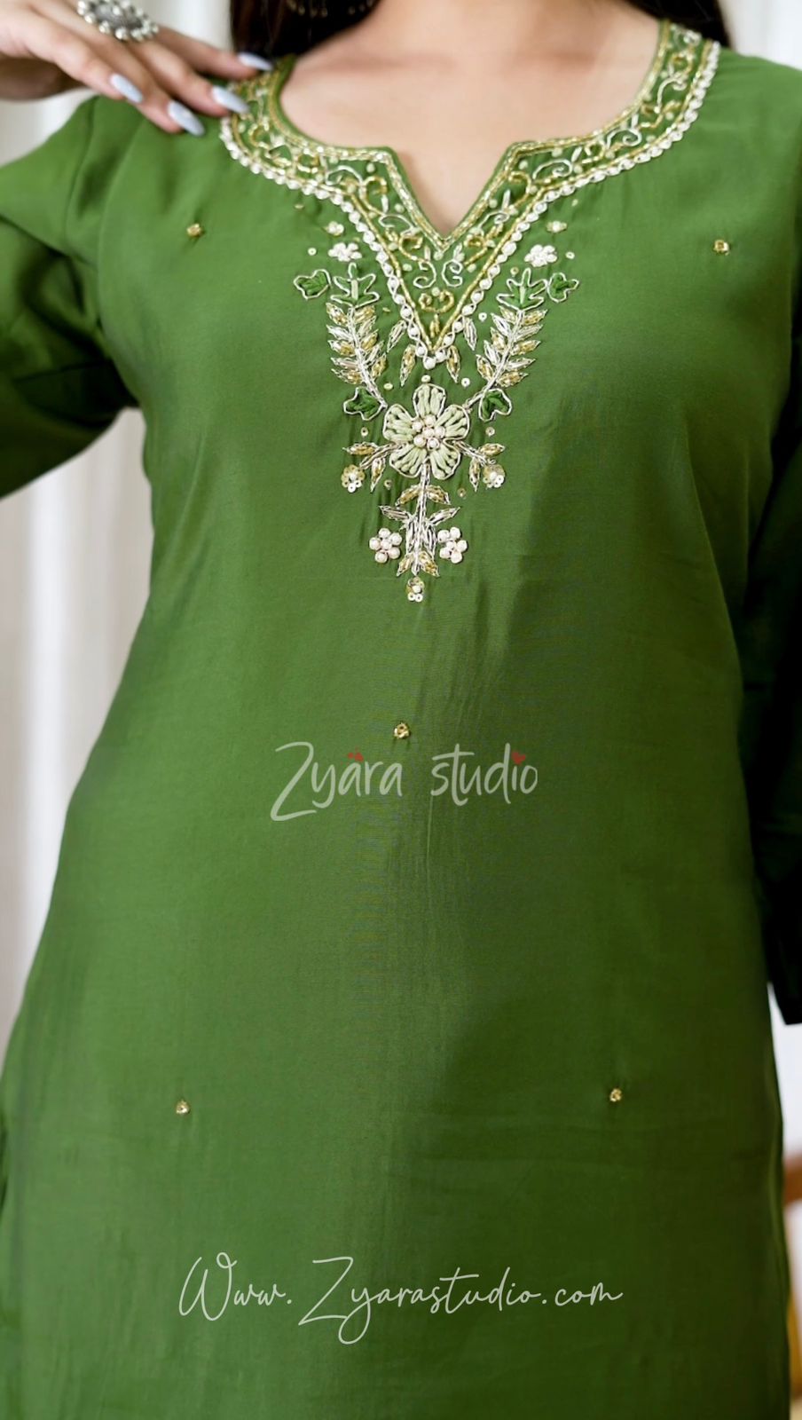 dark mehandi Hand Embroidered pearl and cutdana work On The Neck kurti set zs344