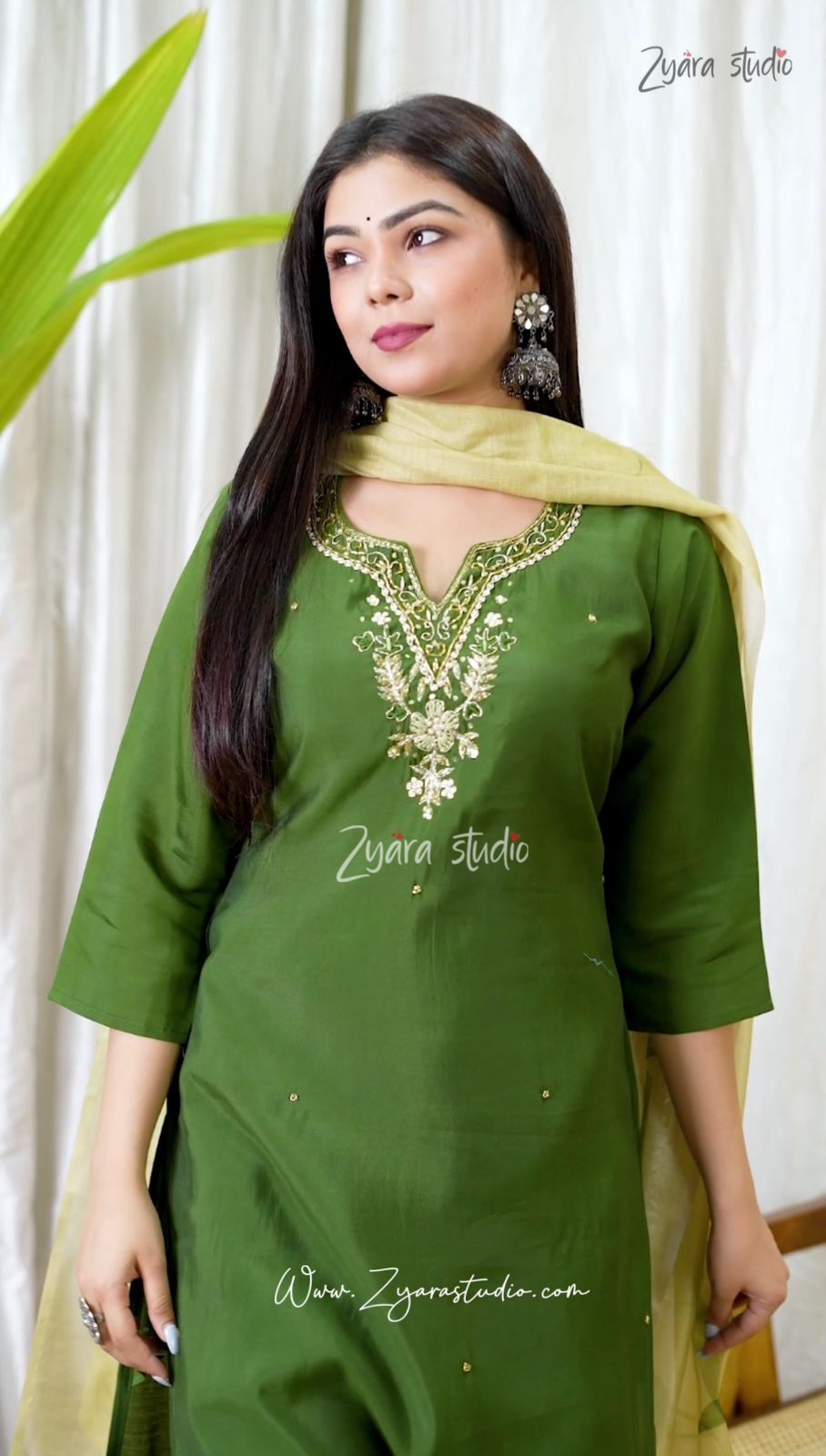 dark mehandi Hand Embroidered pearl and cutdana work On The Neck kurti set zs344